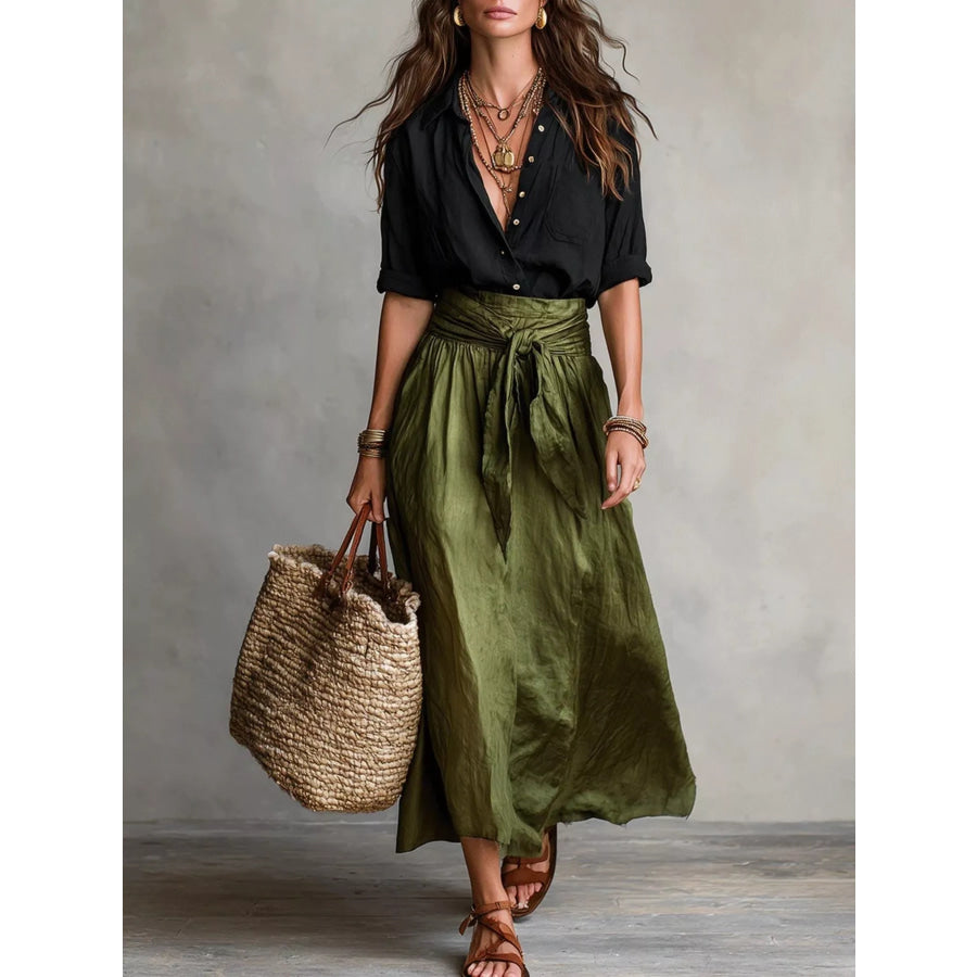 Full Size Button-Down Shirt and Skirt Set Plus Size Black / S Apparel and Accessories