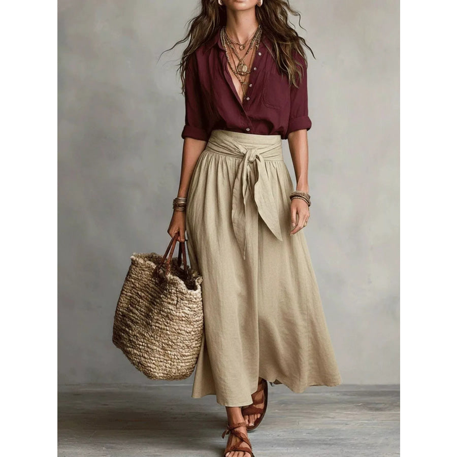 Full Size Button-Down Shirt and Skirt Set Plus Size Burgundy / S Apparel and Accessories