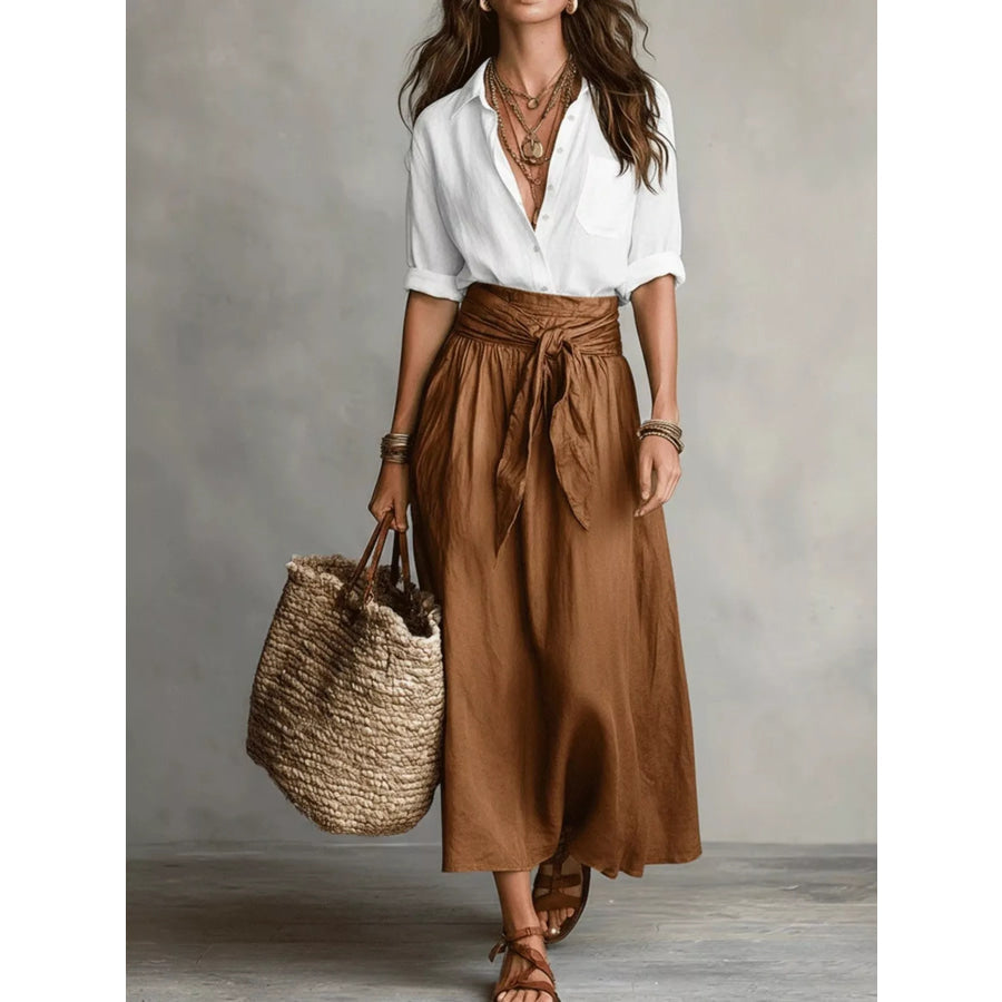Full Size Button-Down Shirt and Skirt Set Plus Size Caramel / S Apparel and Accessories