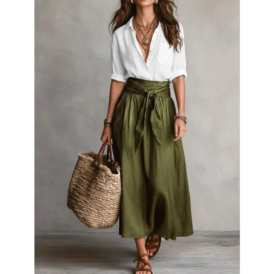 Full Size Button-Down Shirt and Skirt Set Plus Size White / S Apparel and Accessories