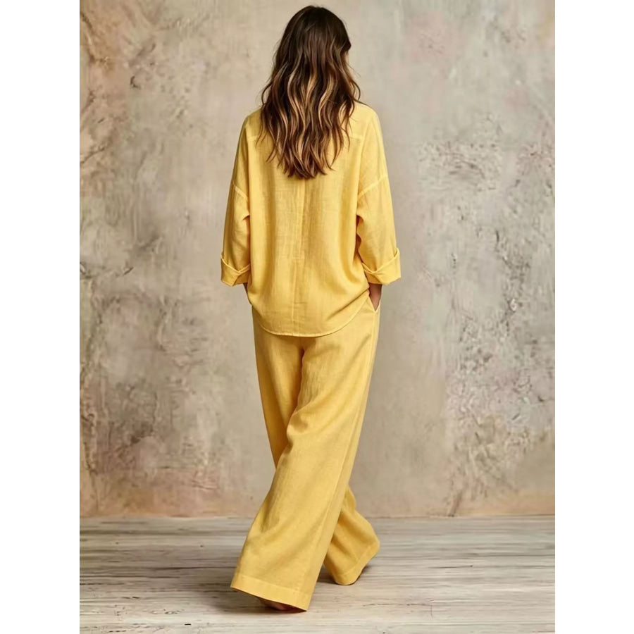 Full Size Button-Down Shirt and Wide-Leg Pants Set Plus Apparel Accessories