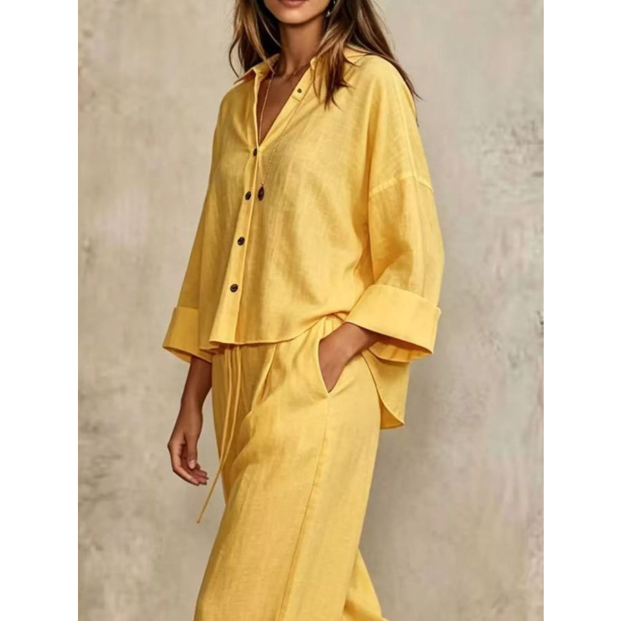 Full Size Button-Down Shirt and Wide-Leg Pants Set Plus Apparel Accessories