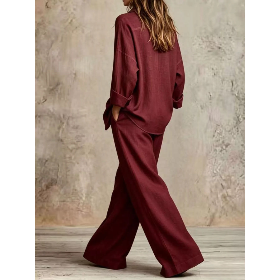 Full Size Button-Down Shirt and Wide-Leg Pants Set Plus Apparel Accessories