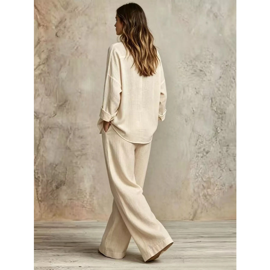 Full Size Button-Down Shirt and Wide-Leg Pants Set Plus Apparel Accessories