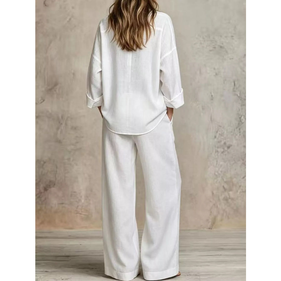 Full Size Button-Down Shirt and Wide-Leg Pants Set Plus Apparel Accessories