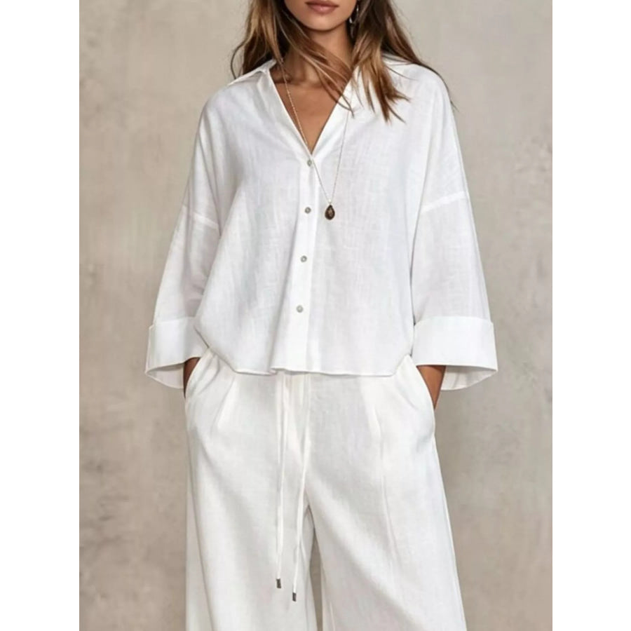 Full Size Button-Down Shirt and Wide-Leg Pants Set Plus Apparel Accessories