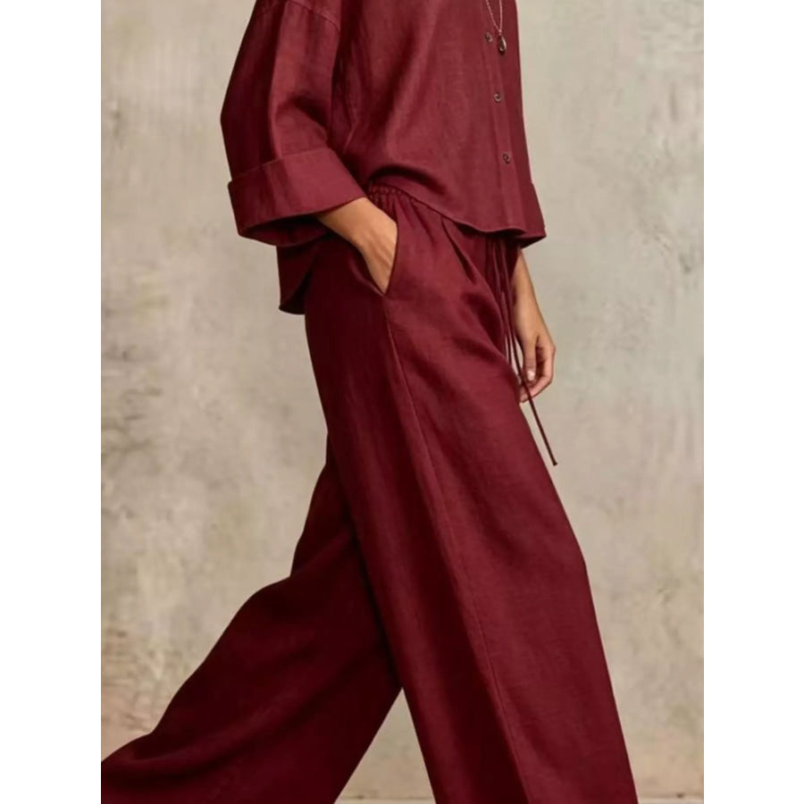 Full Size Button-Down Shirt and Wide-Leg Pants Set Plus Apparel Accessories
