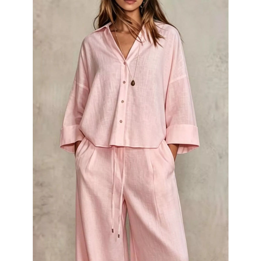 Full Size Button-Down Shirt and Wide-Leg Pants Set Plus Apparel Accessories