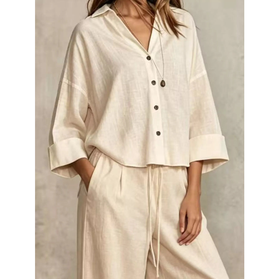 Full Size Button-Down Shirt and Wide-Leg Pants Set Plus Apparel Accessories