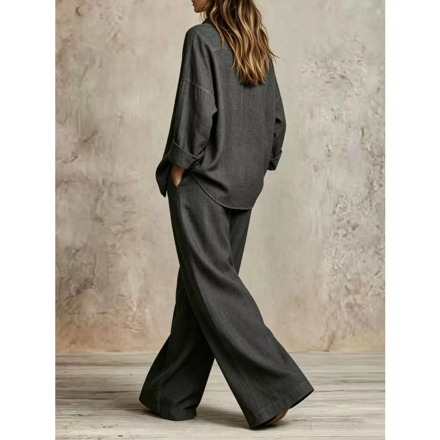 Full Size Button-Down Shirt and Wide-Leg Pants Set Plus Apparel Accessories