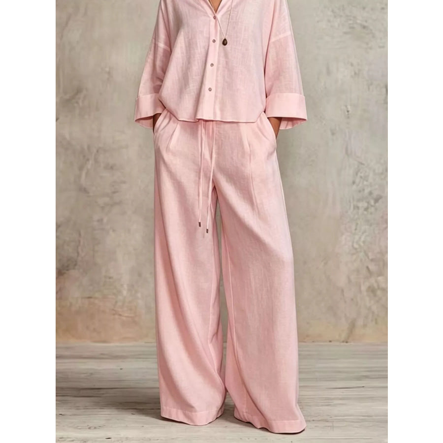 Full Size Button-Down Shirt and Wide-Leg Pants Set Plus Apparel Accessories