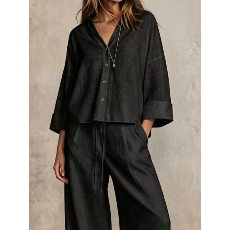 Full Size Button-Down Shirt and Wide-Leg Pants Set Plus Apparel Accessories