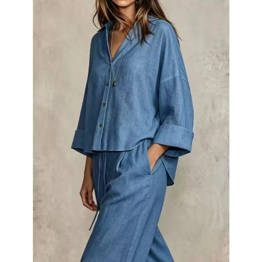 Full Size Button-Down Shirt and Wide-Leg Pants Set Plus Apparel Accessories