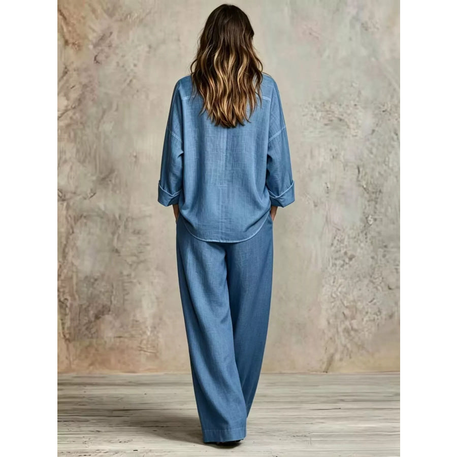 Full Size Button-Down Shirt and Wide-Leg Pants Set Plus Apparel Accessories
