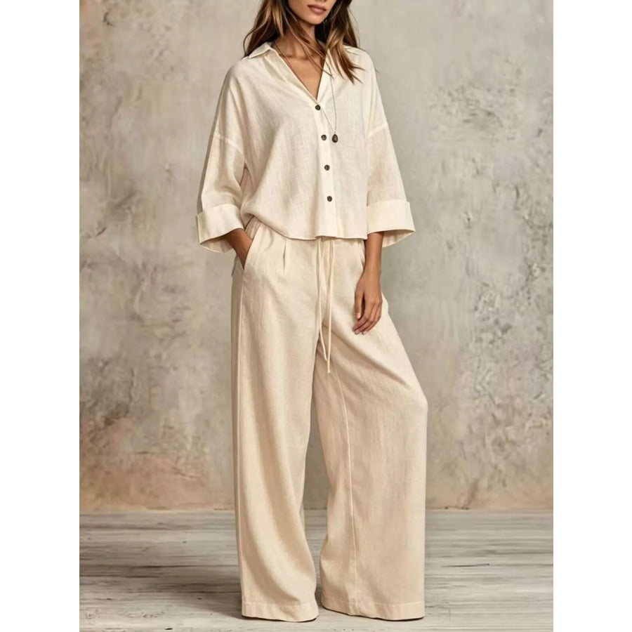 Full Size Button-Down Shirt and Wide-Leg Pants Set Plus Beige / S Apparel Accessories