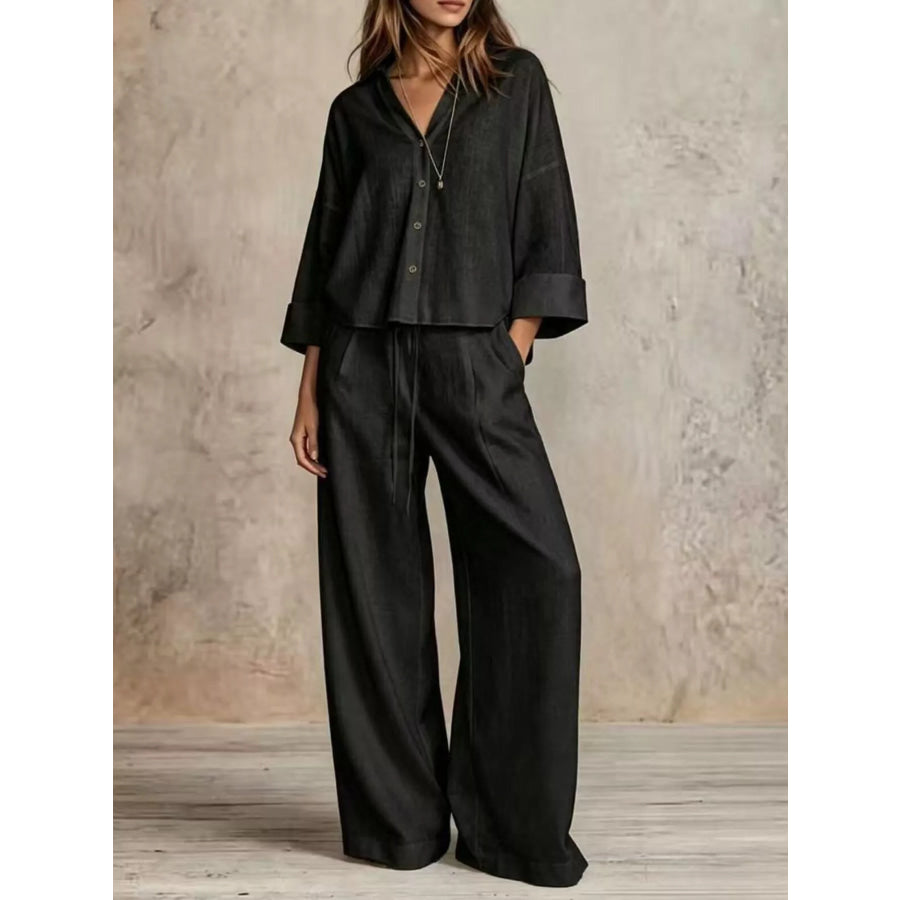 Full Size Button-Down Shirt and Wide-Leg Pants Set Plus Black / S Apparel Accessories