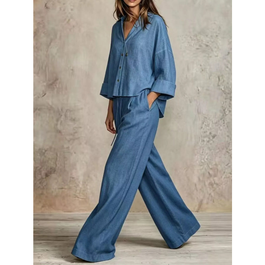 Full Size Button-Down Shirt and Wide-Leg Pants Set Plus Blue / S Apparel Accessories