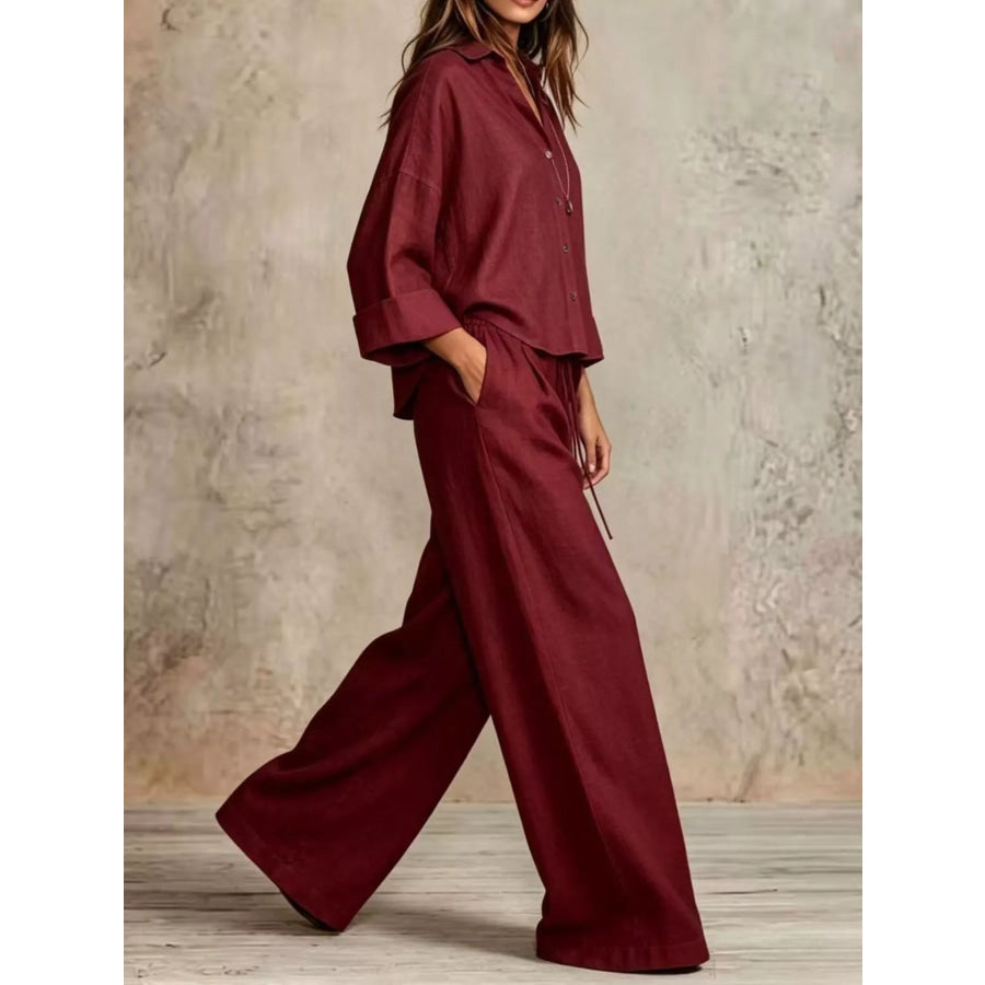 Full Size Button-Down Shirt and Wide-Leg Pants Set Plus Burgundy / S Apparel Accessories