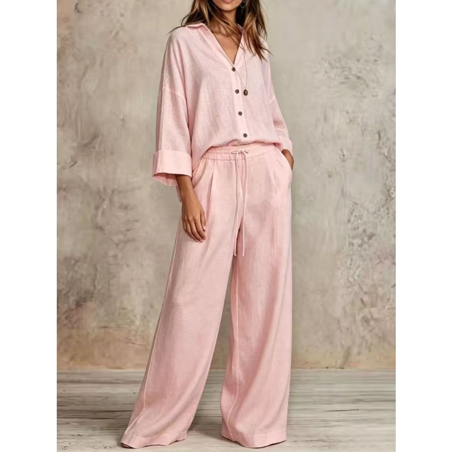 Full Size Button-Down Shirt and Wide-Leg Pants Set Plus Pink / S Apparel Accessories
