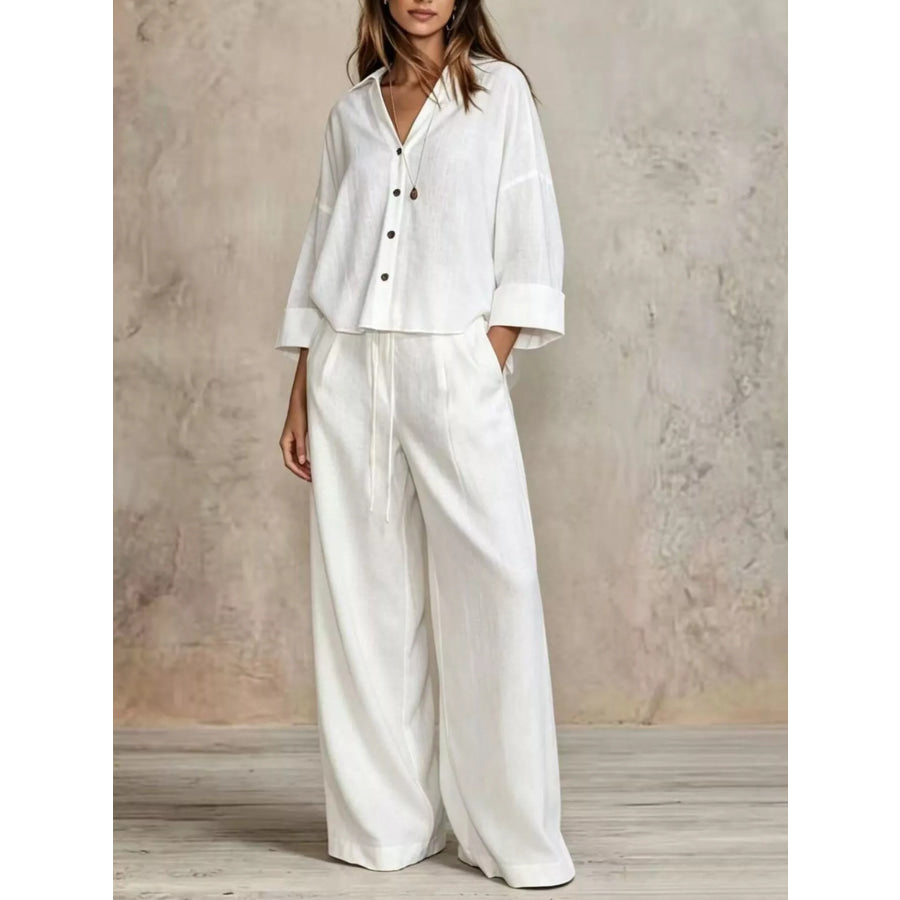 Full Size Button-Down Shirt and Wide-Leg Pants Set Plus White / S Apparel Accessories