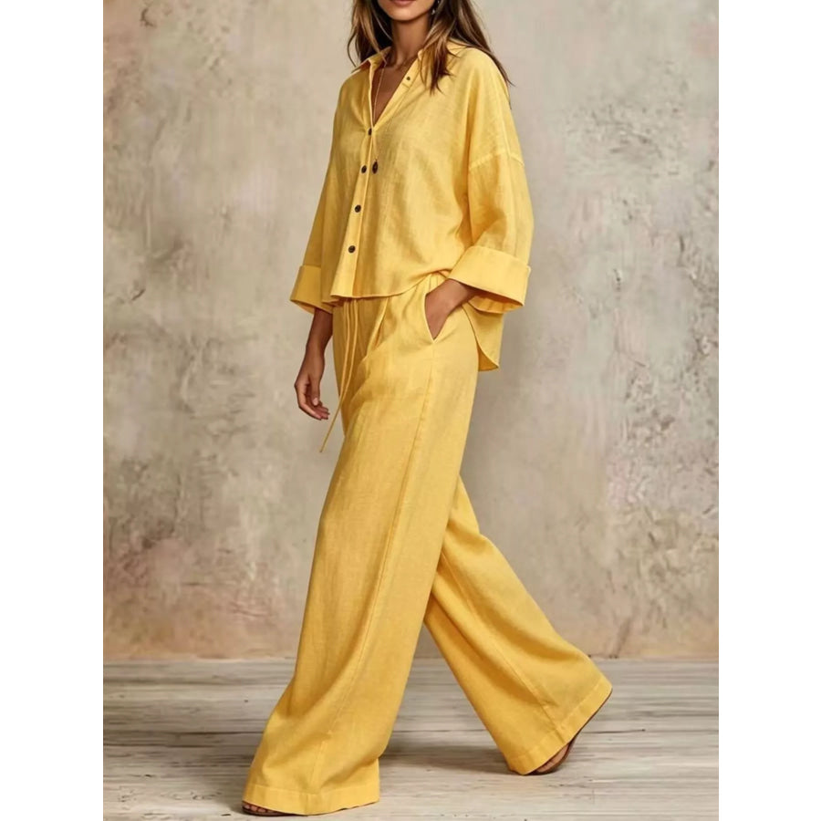 Full Size Button-Down Shirt and Wide-Leg Pants Set Plus Yellow / S Apparel Accessories