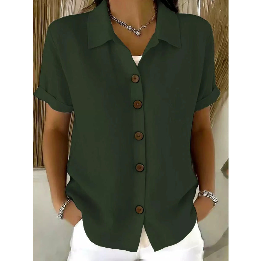 Full Size Button-Down Short Sleeve Shirt Plus Army Green / S Apparel and Accessories