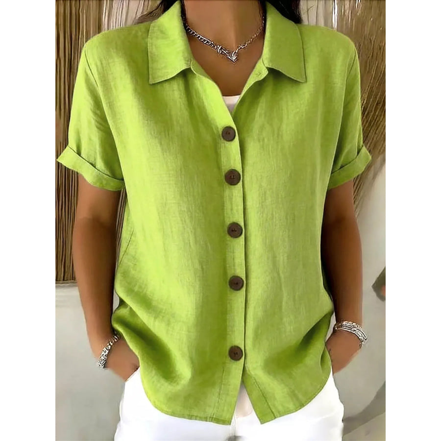 Full Size Button-Down Short Sleeve Shirt Plus Green / S Apparel and Accessories