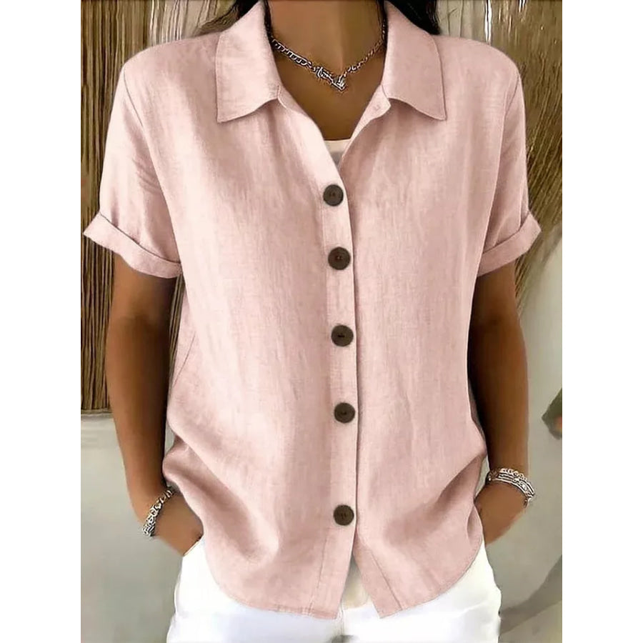 Full Size Button-Down Short Sleeve Shirt Plus Pink / S Apparel and Accessories
