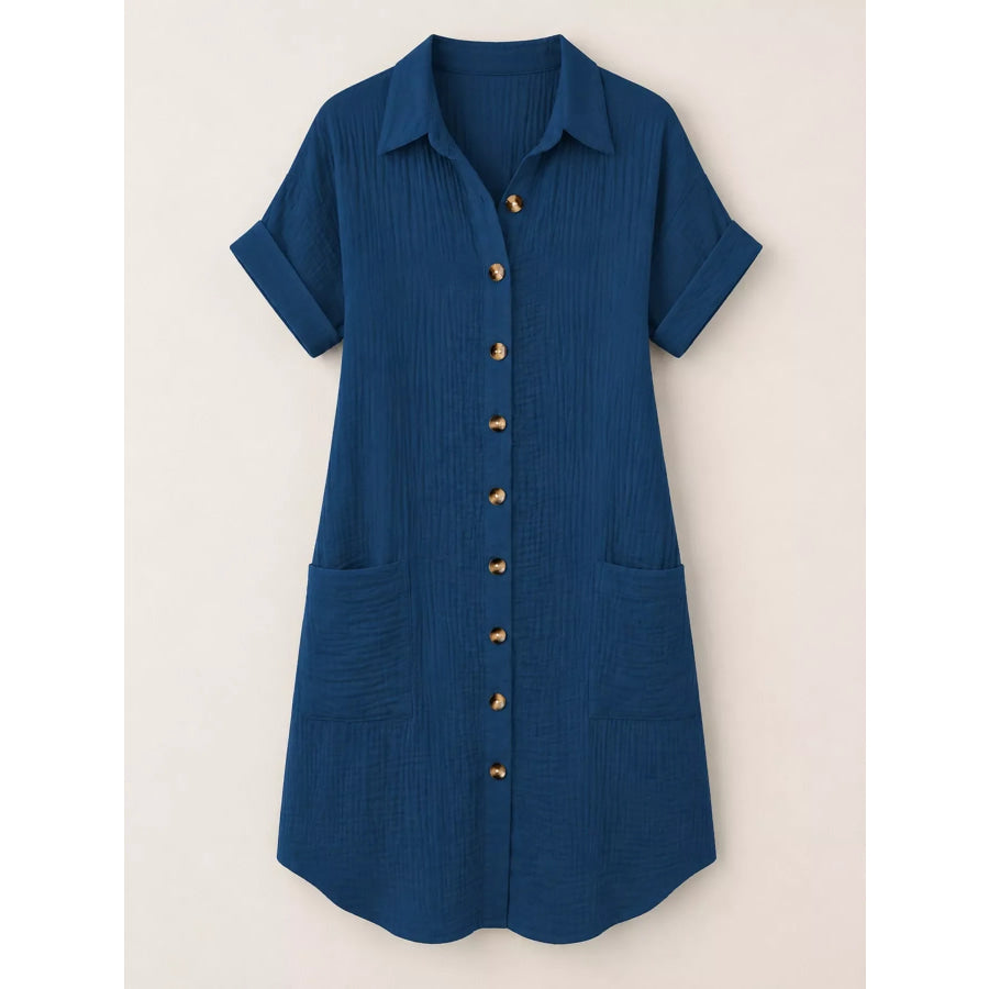 Full Size Button-Down Textured Shirt Dress with Pockets Plus Apparel and Accessories