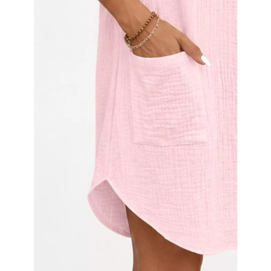Full Size Button-Down Textured Shirt Dress with Pockets Plus Apparel and Accessories