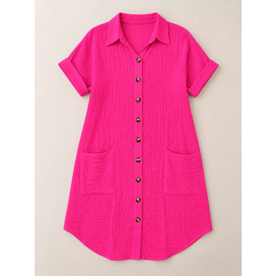Full Size Button-Down Textured Shirt Dress with Pockets Plus Apparel and Accessories
