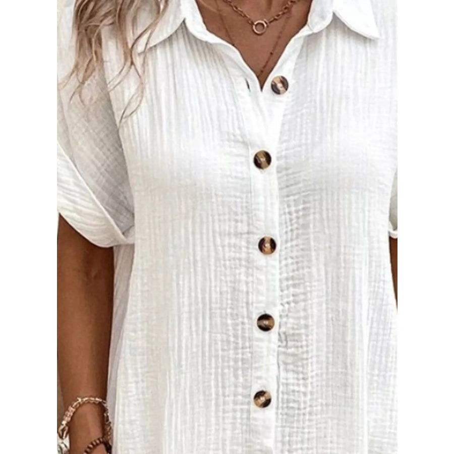 Full Size Button-Down Textured Shirt Dress with Pockets Plus White / S Apparel and Accessories