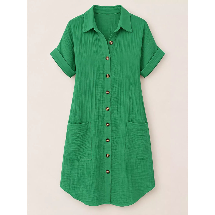 Full Size Button-Down Textured Shirt Dress with Pockets Plus Apparel and Accessories