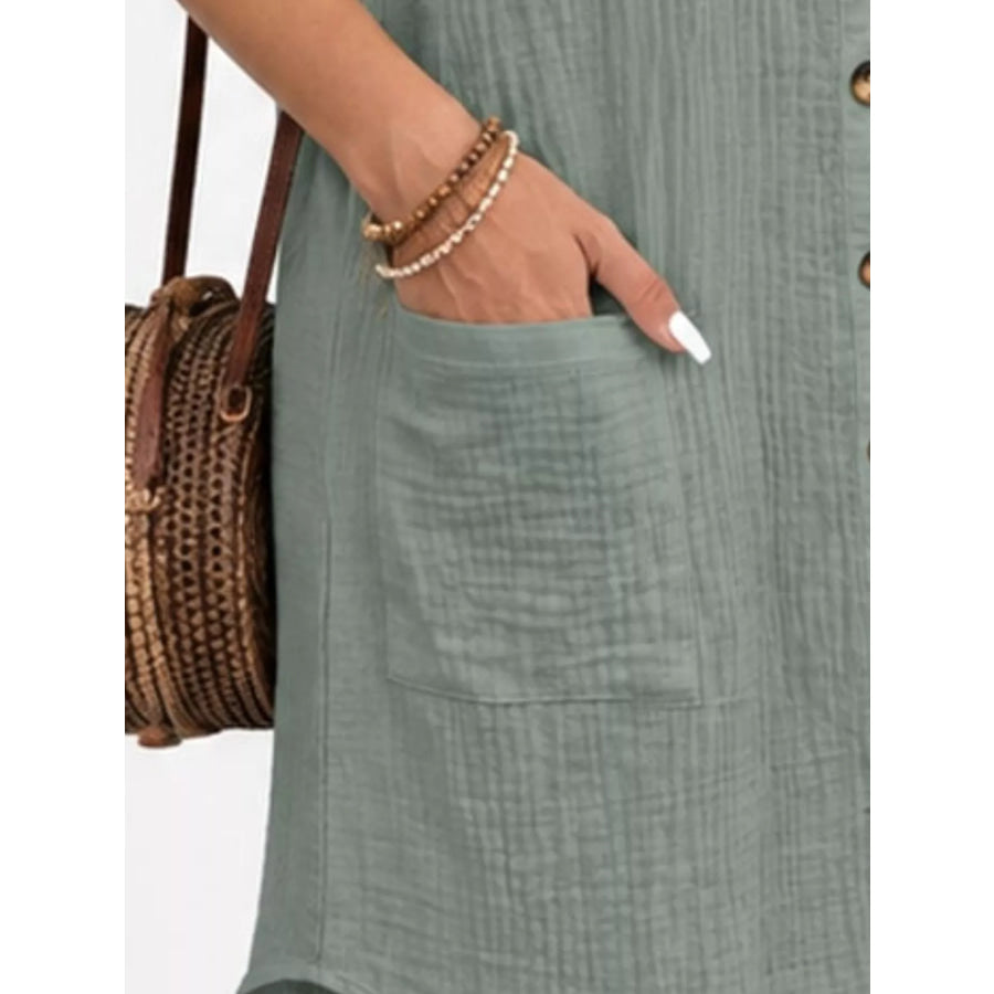 Full Size Button-Down Textured Shirt Dress with Pockets Plus Apparel and Accessories