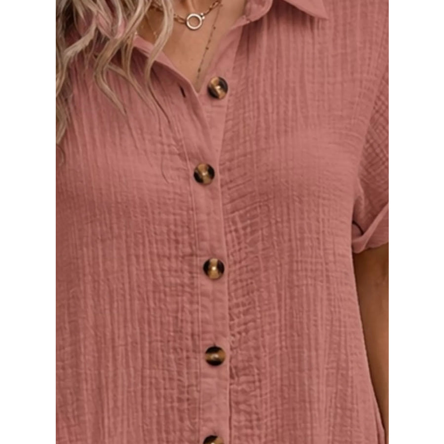 Full Size Button-Down Textured Shirt Dress with Pockets Plus Apparel and Accessories