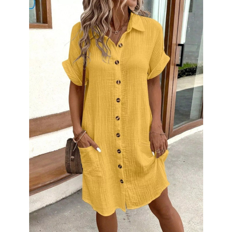 Full Size Button-Down Textured Shirt Dress with Pockets Plus Apparel and Accessories