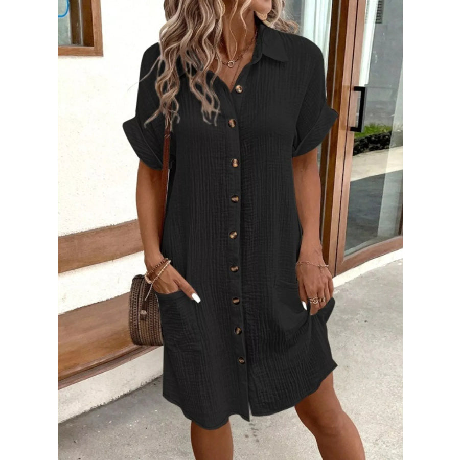 Full Size Button-Down Textured Shirt Dress with Pockets Plus Black / S Apparel and Accessories