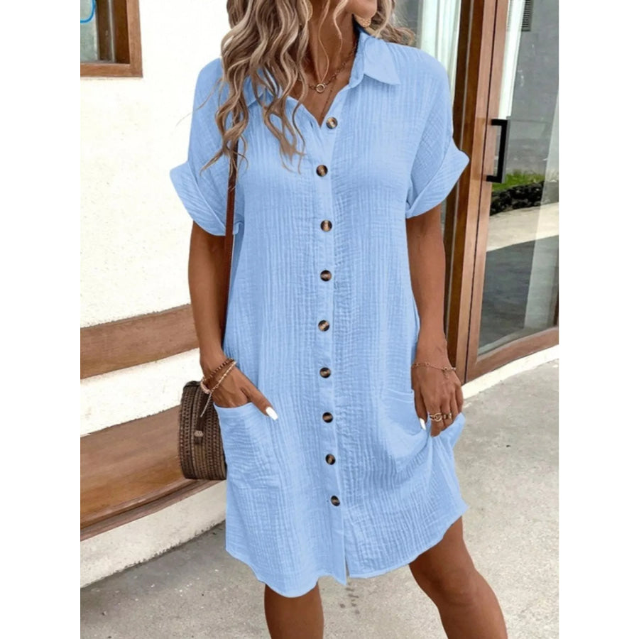 Full Size Button-Down Textured Shirt Dress with Pockets Plus Blue / S Apparel and Accessories