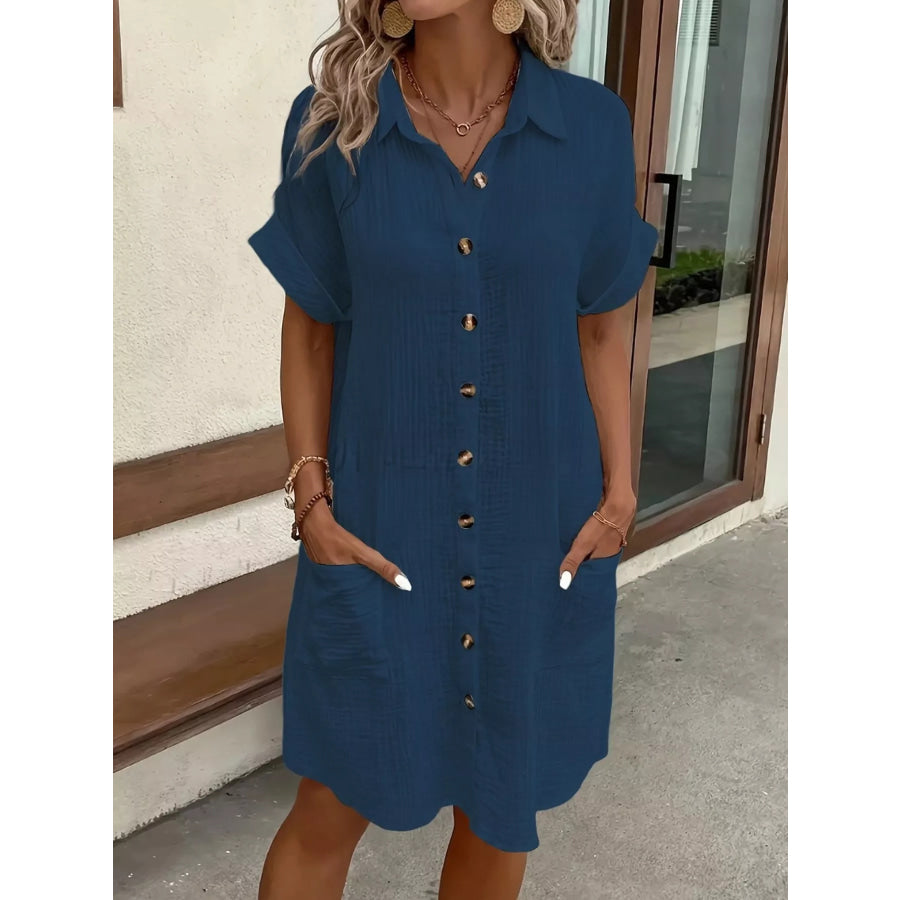 Full Size Button-Down Textured Shirt Dress with Pockets Plus Dark Blue / S Apparel and Accessories