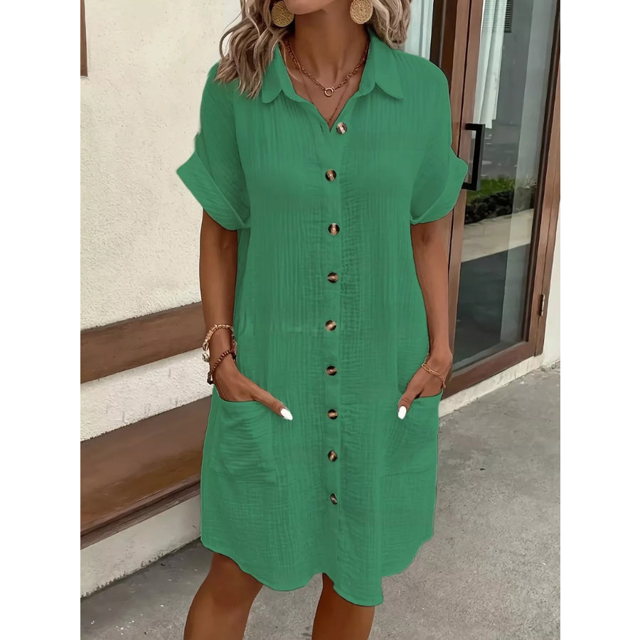Full Size Button-Down Textured Shirt Dress with Pockets Plus Dark Green / S Apparel and Accessories