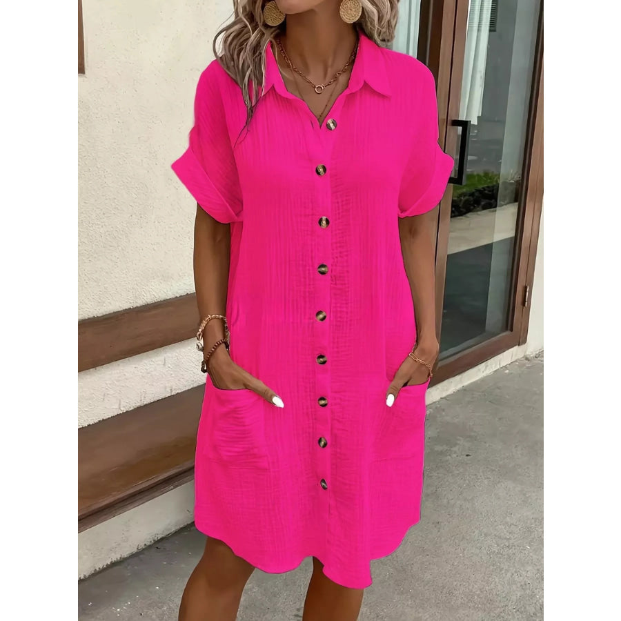 Full Size Button-Down Textured Shirt Dress with Pockets Plus Hot Pink / S Apparel and Accessories