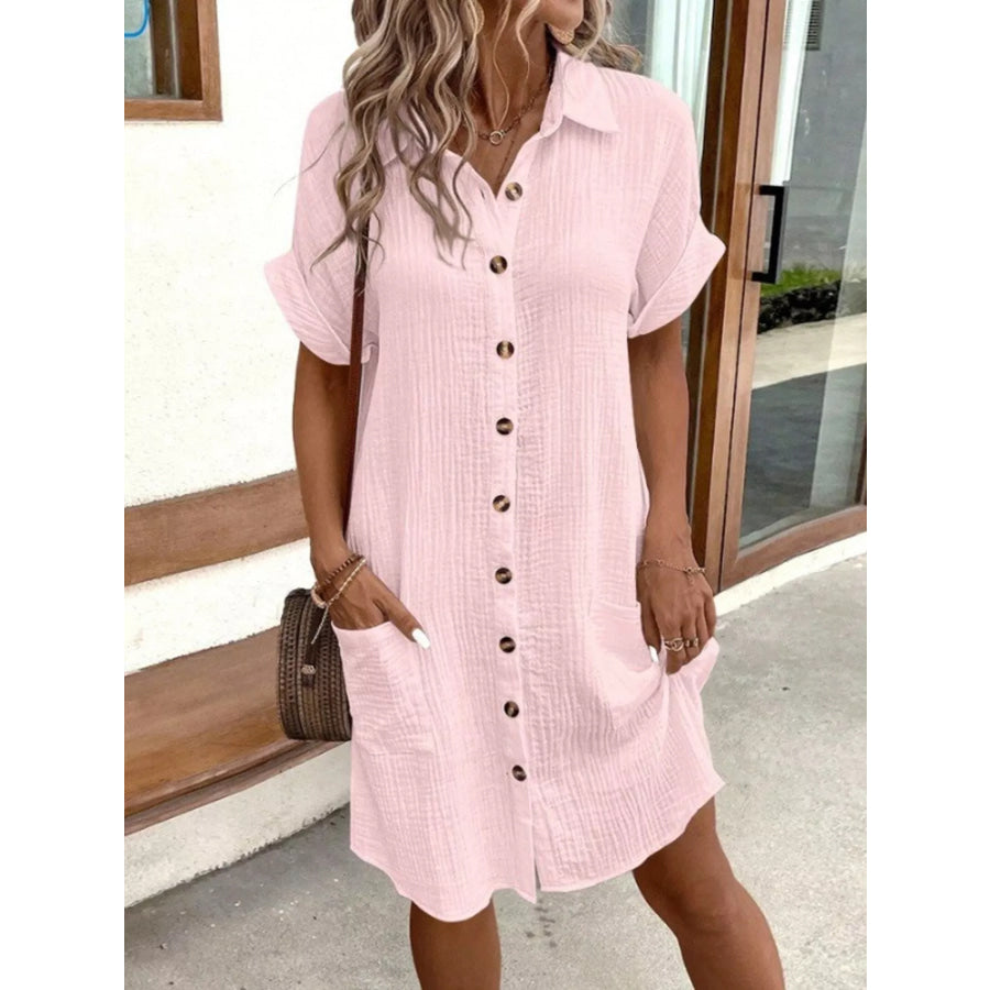 Full Size Button-Down Textured Shirt Dress with Pockets Plus Pink / S Apparel and Accessories