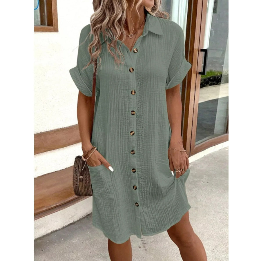 Full Size Button-Down Textured Shirt Dress with Pockets Plus Sage / S Apparel and Accessories