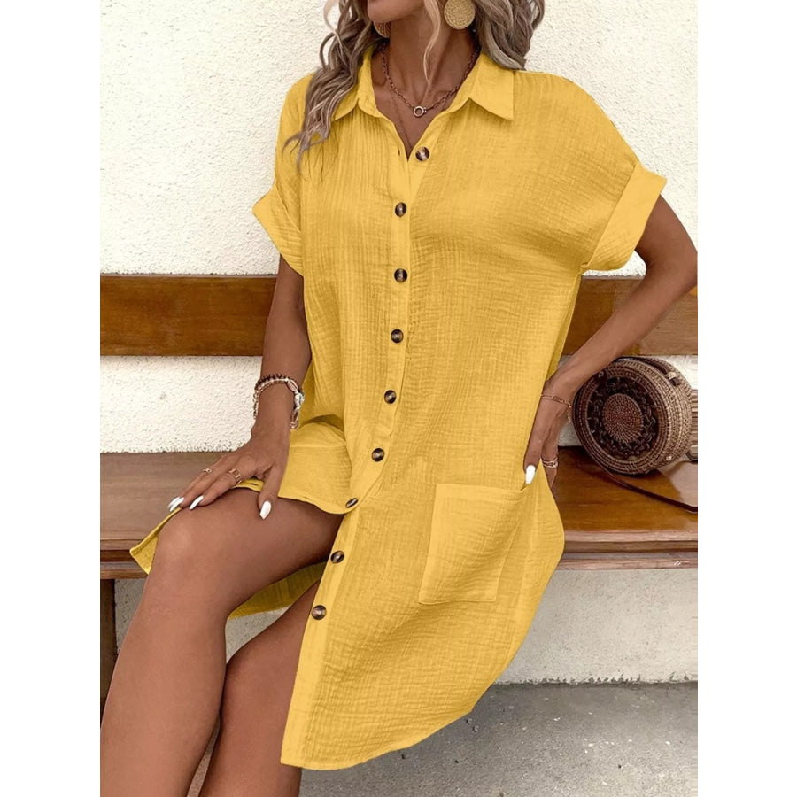 Full Size Button-Down Textured Shirt Dress with Pockets Plus Yellow / S Apparel and Accessories
