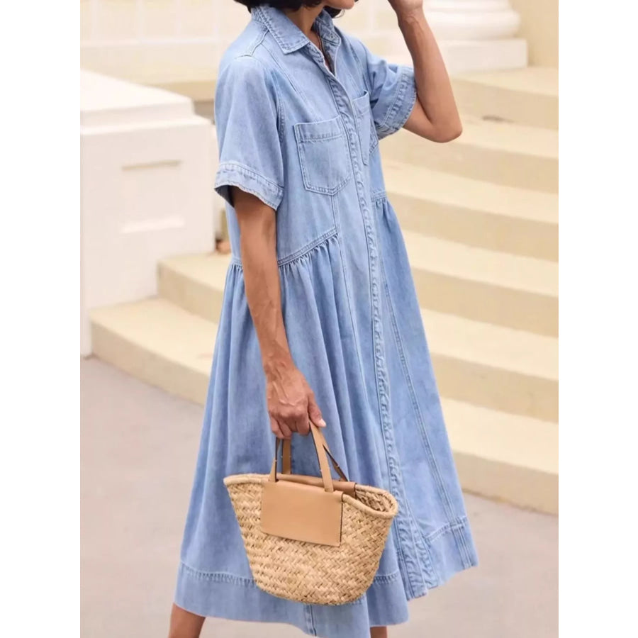 Full Size Button Front Denim Midi Dress Plus Size Apparel and Accessories