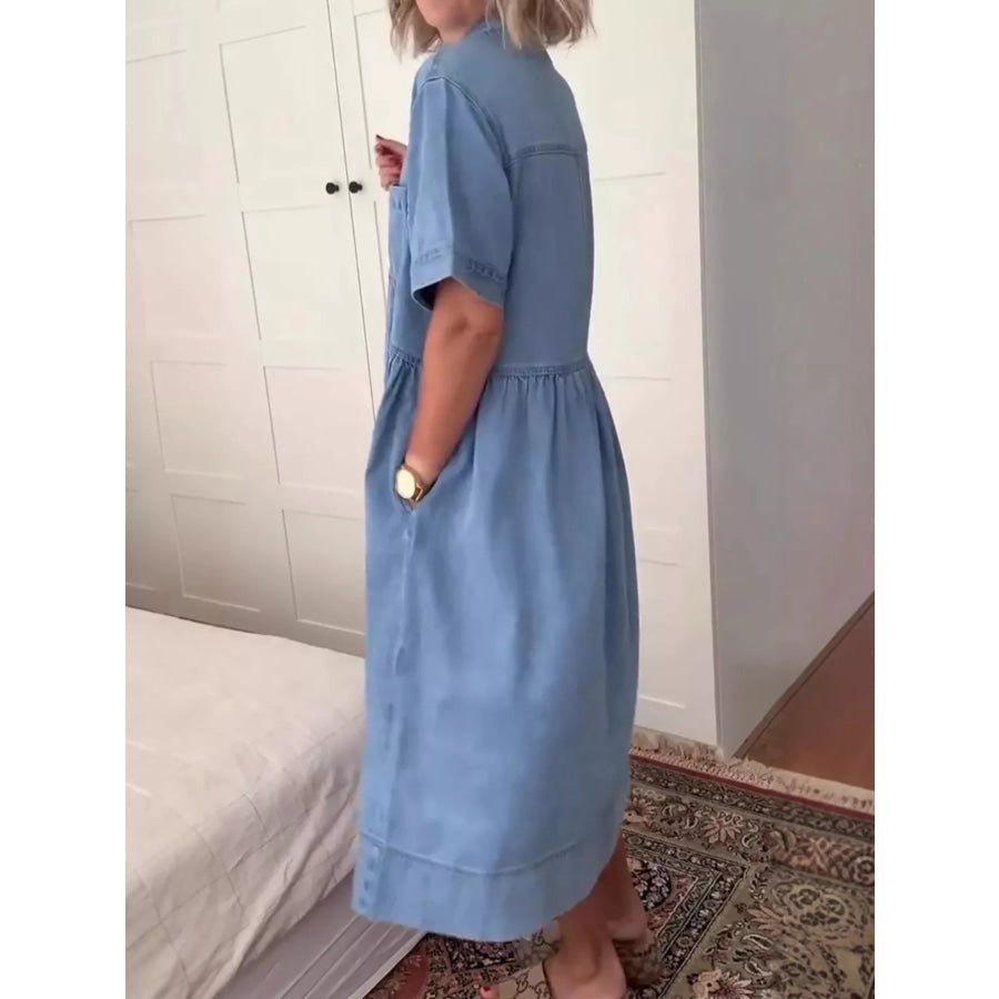 Full Size Button Front Denim Midi Dress Plus Size Apparel and Accessories
