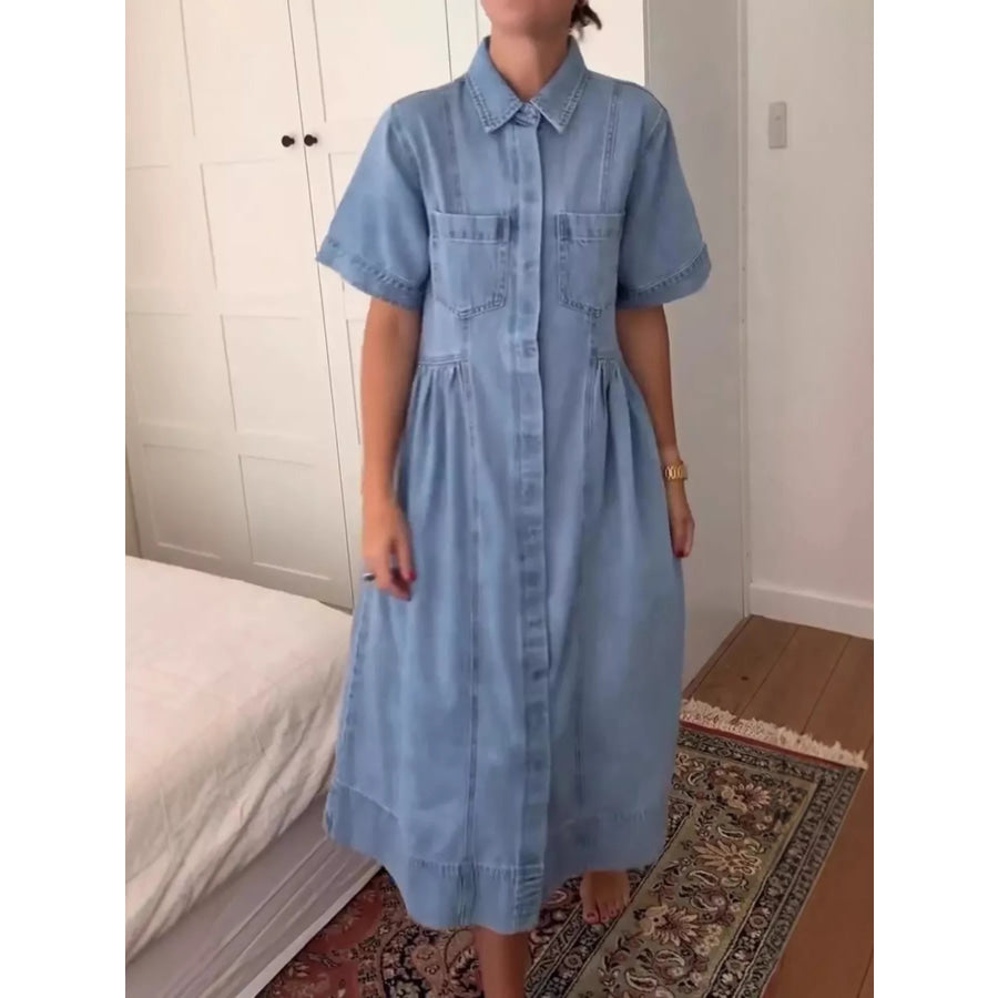 Full Size Button Front Denim Midi Dress Plus Size Apparel and Accessories