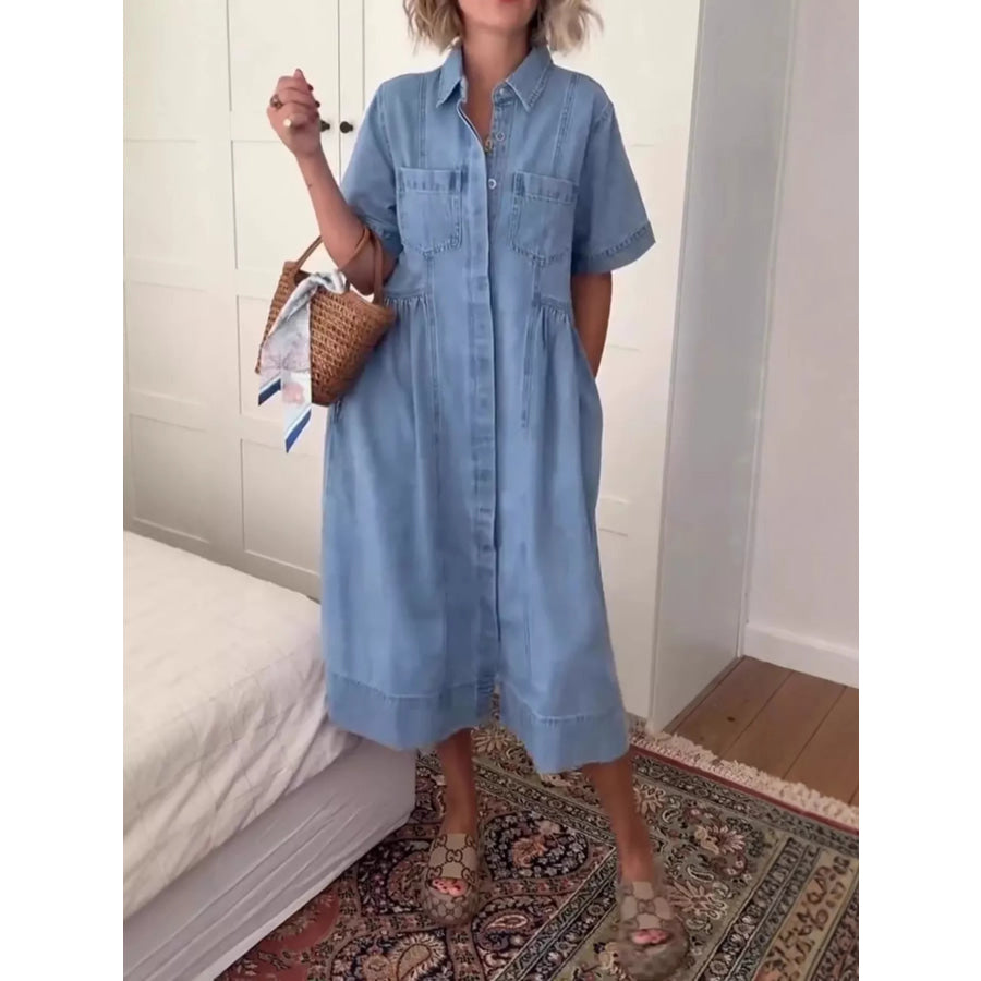 Full Size Button Front Denim Midi Dress Plus Size Blue / XS Apparel and Accessories