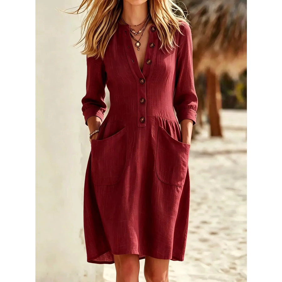 Full Size Button Front Long Sleeve Dress Plus Apparel and Accessories