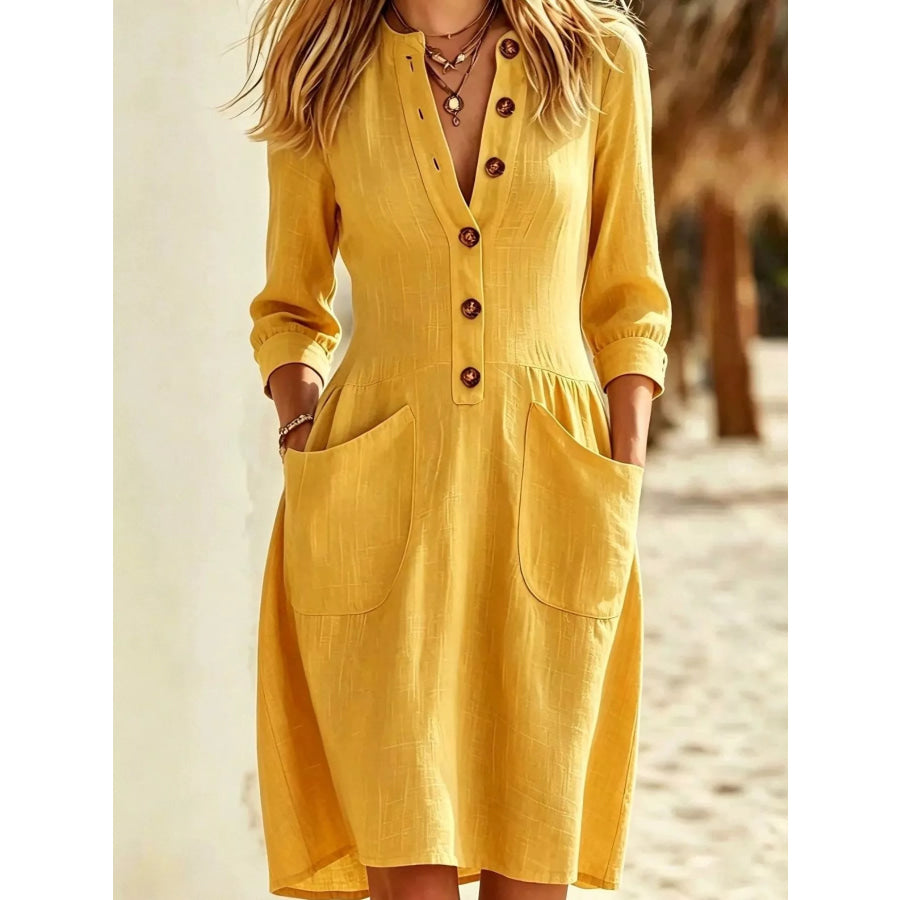 Full Size Button Front Long Sleeve Dress Plus Apparel and Accessories